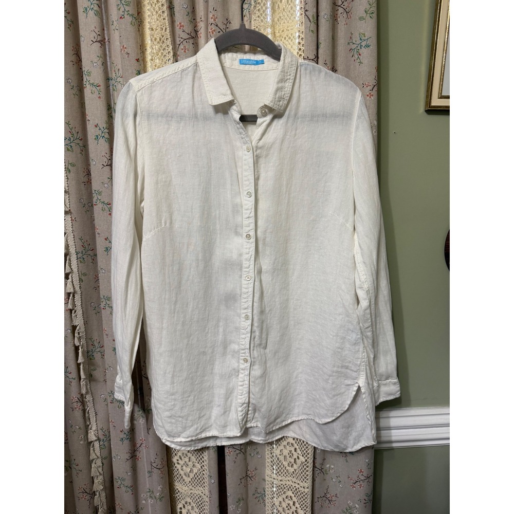 J McLaughlin Ivory Linen Button Down Shirt Medium Tunic Coastal Long Sleeve